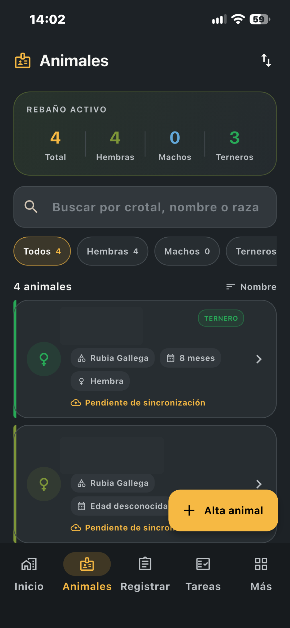 Pantalla real de GandoPro con datos identificativos ocultos