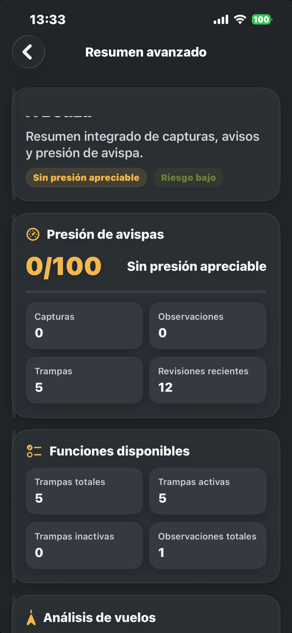 Pantalla real de VespaRadar con datos identificativos ocultos
